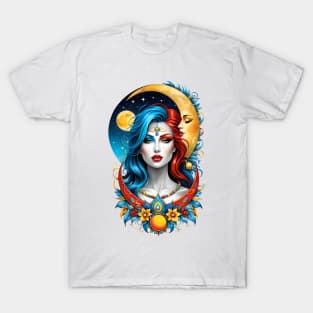 Celestial Harmony: Woman in Sun and Moon Fusion T-Shirt